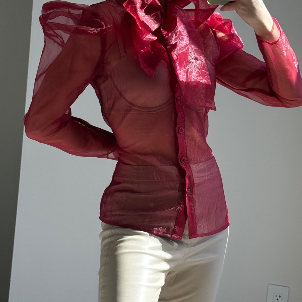Elegant Sheer Red Blouse with Bow